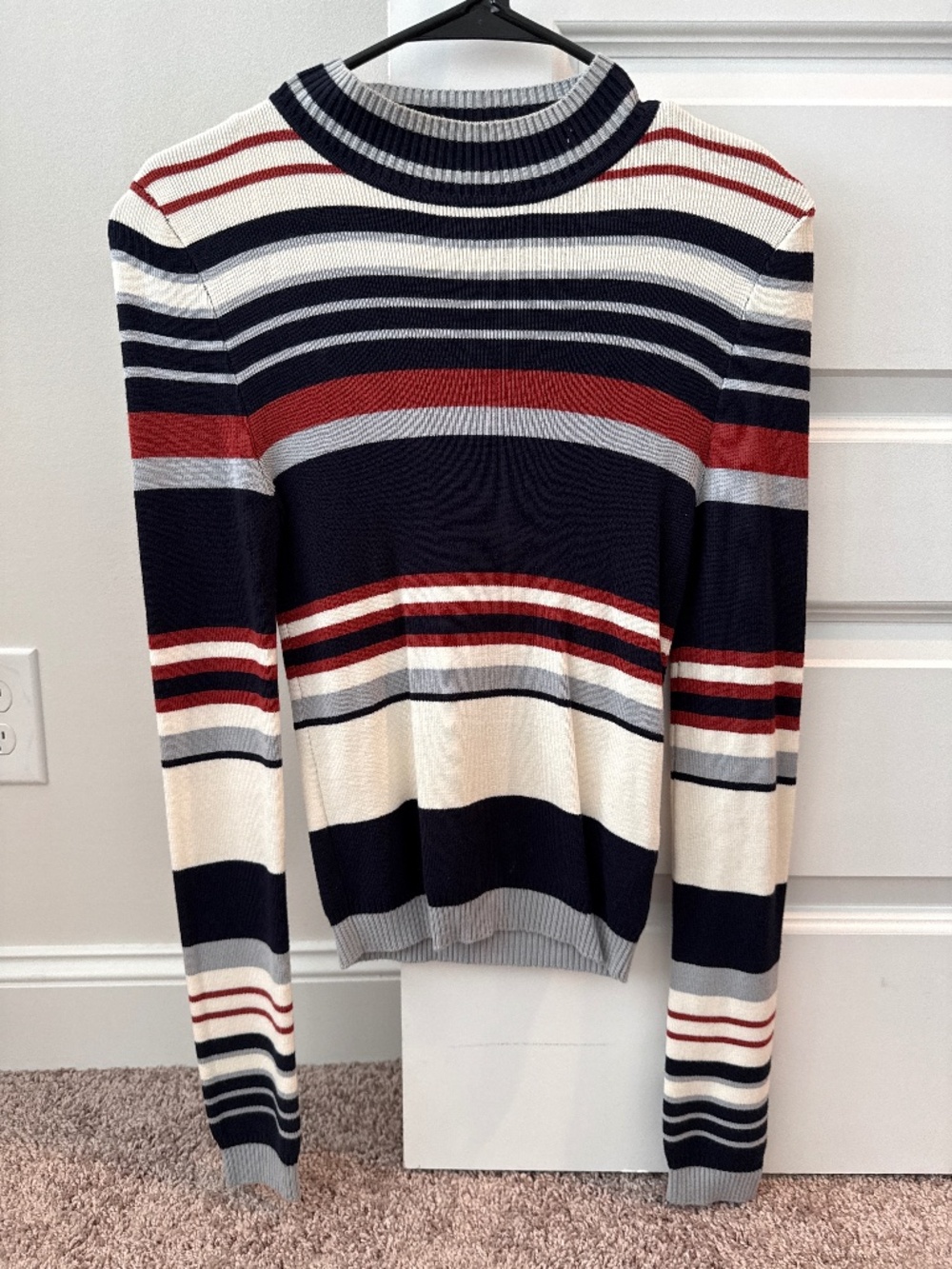 Ribbed Knit Striped Mock Neck Sweater